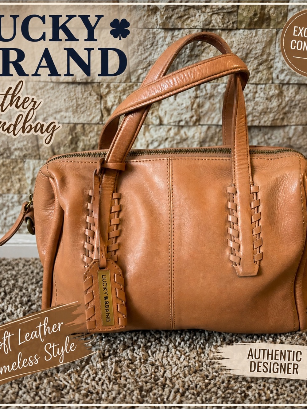 Lucky Brand Cognac Leather Satchel with Braided Trim